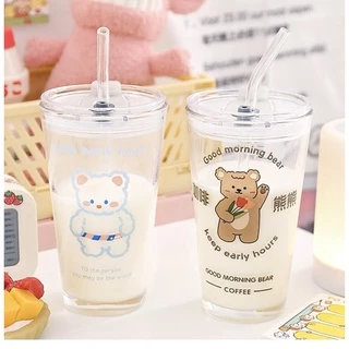 Creative Lifes Shop-แก้ว 💗แก้วน้ำน่ารัก/ถ้วยนมลายหมีน่ารัก 💗 ความจุ 450ml แถมหลอดและฝาปิด!