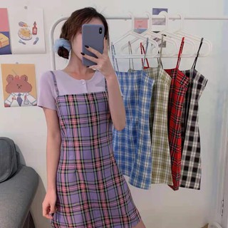 ✨Fairy Style✨พร้อมส่ง ชุดเดรส สายเดี่ยว ลายสก๊อต (ไม่มีเสื้อคลุม) ผ้าลื่น สวมใส่สบาย สไตล์เกาหลี #5610