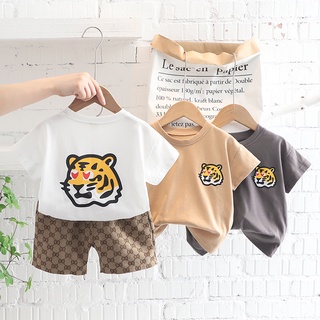 เสื้อคอกลม แขนสั้น พิมพ์ลายเสือ และกางเกงขาสั้น ผ้าฝ้าย ลายสก๊อต แฟชั่นฤดูร้อน สําหรับเด็ก [ไซซ์ 80-120 ซม.]