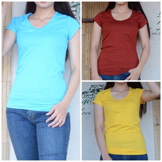 เสื้อยืดสีล้วน Cotton 100% เสื้อเกรดพรีเมี่ยม เสื้อผ้าแฟชั่นผู้หญิง เสื้อผู้หญิงคอ V  เสื้อยืดแขนสั้น เสื้อผ้าฝ้าย