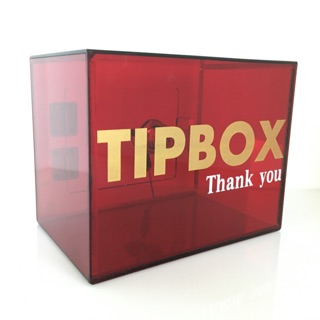 กล่อง Tip Box อะคริลิค สีแดงใส ตัวหนังสือสกรีน สีทอง ขนาด 15x12x10 cm.