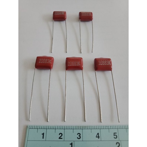 0.068UF 400V C683 68NF 683PF Cไมล่าญี่ปุ่นยี่ห้อGE(แพ็ค10ตัว)ขาห่าง10มิล คาปาซิเตอร์ไมล่าญี่ปุ่น ตัว