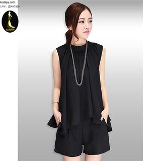 kudapy ชุดเซทสีดำ เสื้อแฟชั่นคอกลมแขนกุดกางเกงขาสั้น สไตล์เรียบหรู