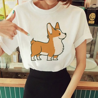 ผู้หญิง Tshirt ฤดูร้อน harajuku การ์ตูนน่ารัก corgi สุภาพสตรี Tees แฟชั่น O - Neck ลำลองแขนสั้น t เสื้อ femme 2021 ขนาด