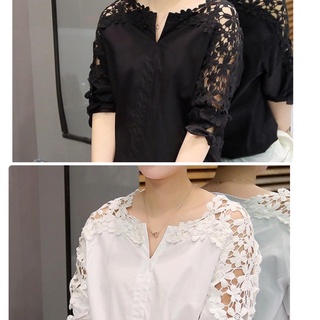 เสื้อทำงานลายลูกไม้แขน 3 ส่วน เสื้อทำงานสาวออฟฟิต เสื้อทรงหลวมสไตล์เกาหลี