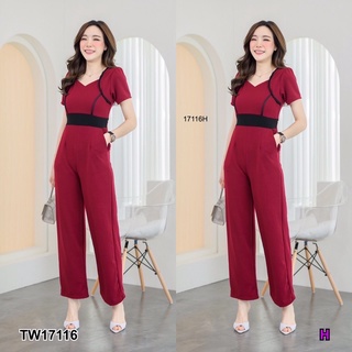 TW17116 Jumpsuit จั้มสูทแขนสั้น ขายาว อกแต่งกุ้นดำ ผ้าบลูเวฟ สีพื้นเรียบ เอวมีสายผูกเก็บทรงชุด มีซิปซ่อนด้านหลัง