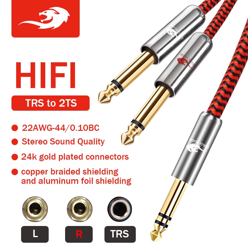 Golley LION 1/4 นิ้ว 6.5 มม.สเตอริโอ TRS ถึง Dual 6.35 มม.TS Splitter Y สายสัญญาณเสียงสําหรับ Amp Mixer