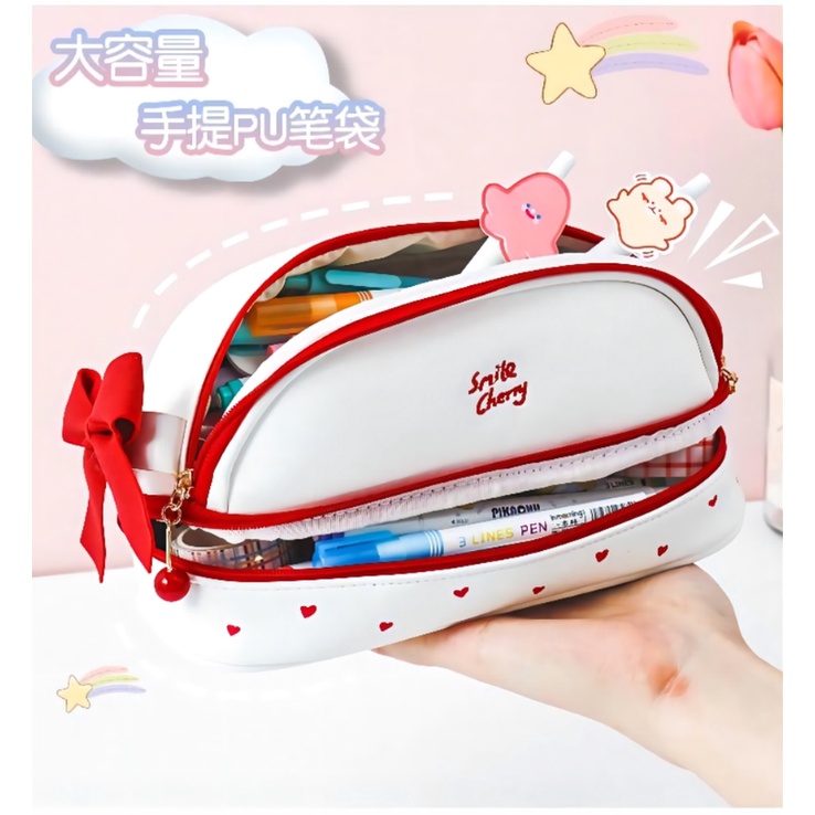 กระเป๋าดินสอ หนัง PU ขนาดใหญ่ จุของได้เยอะ แบบพกพา ลายสตรอเบอร์รี่ เชอร์รี่ เหมาะกับสํานักงาน และโรงเรียน สําหรับนักเรียน