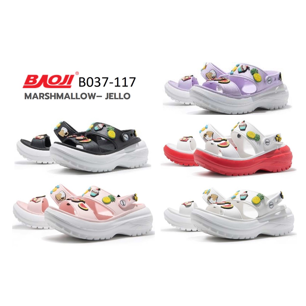 BAOJI B037-117 MARSHMALLOW-JELLO รองเท้าแตะบาโอจิ แบบสวม รุ่นใหม่ พื้นหนาส้นสูง 2 นิ้ว มีสายคาดด้านห