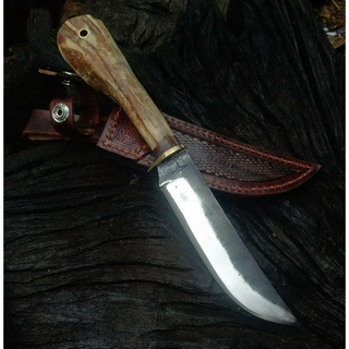 มีดพก มีดแล่ Butcher pocket knife มีดโบวี่ มีดแคมป์ มีดเดินป่า ใบ 5.9” เหล็กผานไถ ตีร้อน ด้าม ขก. การ์ดทองเหลือง ซองหนัง