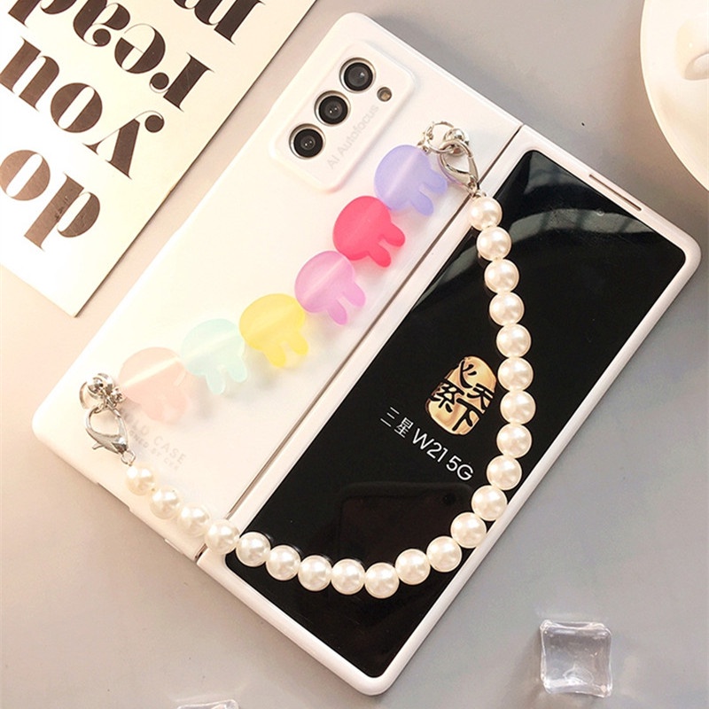 Samsung Galaxy Z พับ 6 5 4 3 2 5G หรูหรา DIY แฟชั่น Super น่ารัก Candy Rabbits Pearl Hand Chain สีขาวทาสี Hard Back Case Cover
