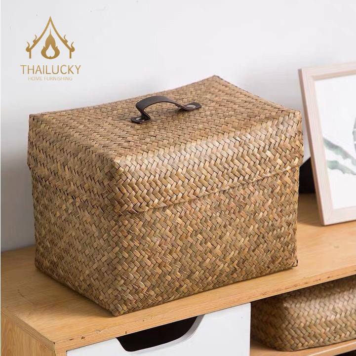 THAILUCKY ตะกร้าผักกระจูด แบบมีฝาปิด ใช้เก็บของ ตะกร้าวินเทจทรงสี่เหลี่ยม วัสดุธรรมชาติ