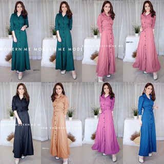 JK4667 Maxi Dress แม็กซี่เดรสเชิ้ตแขนยาว สีพื้น งานเชิ้ตแต่งคอปกกระดุมช่วงหน้ายาวข้างเอวเย็บติดสายผูกเอว