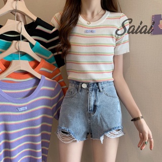 Saia i เสื้อครอปท็อป คอกลม แขนสั้น ผ้าถัก ลายทาง เข้ากับทุกการแต่งกาย สไตล์เกาหลี