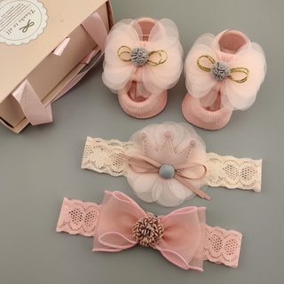 3Pcs/Set Crown Bows Newborn Hairband Lace Flower Baby Girl Headband Socks Set Turban Baby Hair Accessories