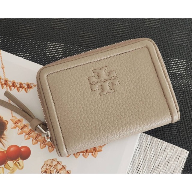 (ผ่อน0%) กระเป๋า ใส่บัตร หนังแท้ สีเทา Tory Burch Thea Zip Coin Case #55378