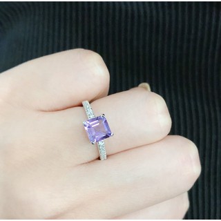 แหวนพลอยแท้อเมทิสต์(Amethyst) หินแห่งการบำบัดปัดเป่าสิ่งชั่วร้ายประดับเพชรรัสเซียสีขาวเงินแท้ 925 GR2449