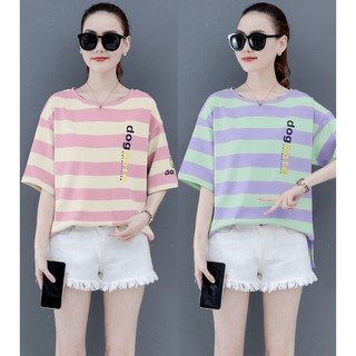 พร้อมส่งจ้า เสื้อยืดคอกลม ลายทางแนวๆสาวเกาหลี สีสันสดใส สกีนอักษร #9022