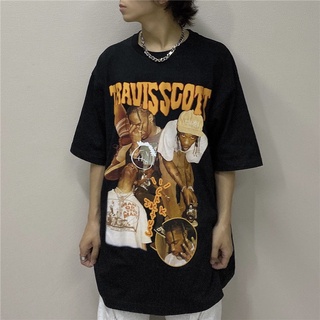 Travis Scott Rapper เสื้อยืดแขนสั้นผู้ชายยุโรปและอเมริกา High Street Retro หลวม Oversize Hip-Hop แขนสั้นฤดูร้อน