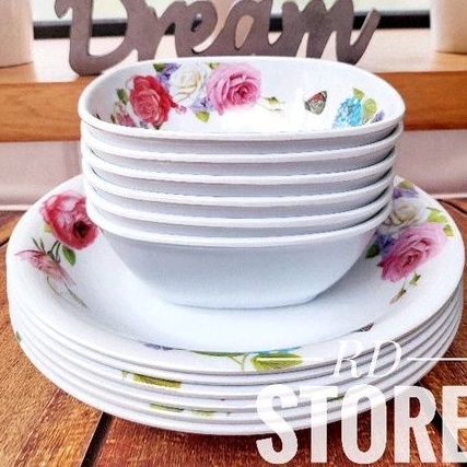 12.ชิ้น CONTAINS 6.จานดินเนอร์ 6.ชามผัก MELAMINE WARE MATERIAL, ROSE MOTIF, GUESSING และ STRONG