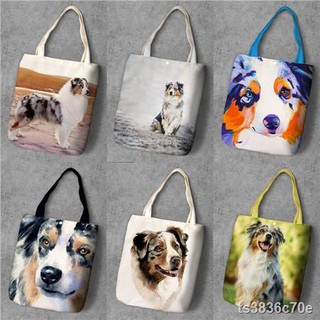 กระเป๋าเป้ราคาต่ำสุด◙กระเป๋าช้อปปิ้ง Australian Shepherd Shoulder Bag Student Canvas