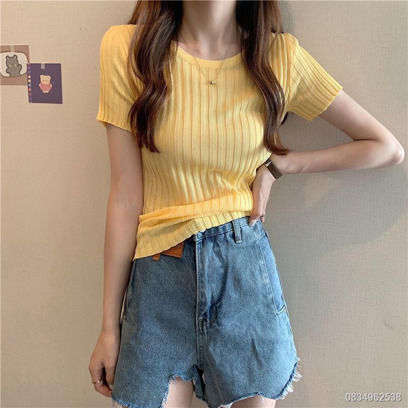 2021 ฤดูร้อนใหม่ผ้าไหมน้ำแข็งสีขาวแขนสั้นเสื้อยืดผู้หญิง Slim Slimming ...