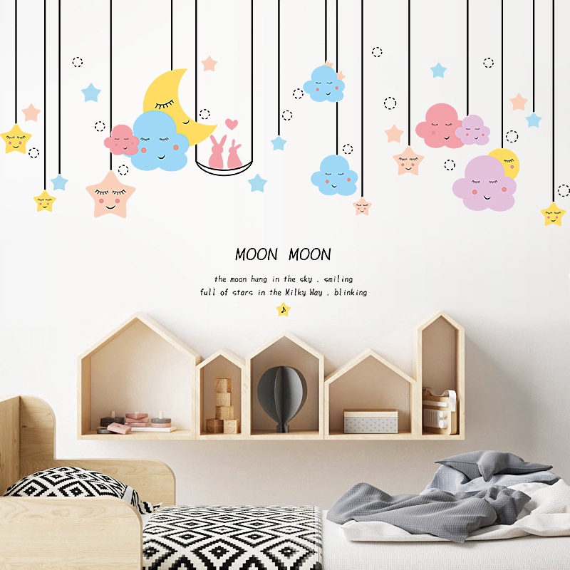【Deowuu】สติกเกอร์วอลล์เปเปอร์ รูปดวงจันทร์ ดาว เมฆ สำหรับติดตกแต่งผนังห้องนอน ห้องนั่งเล่น