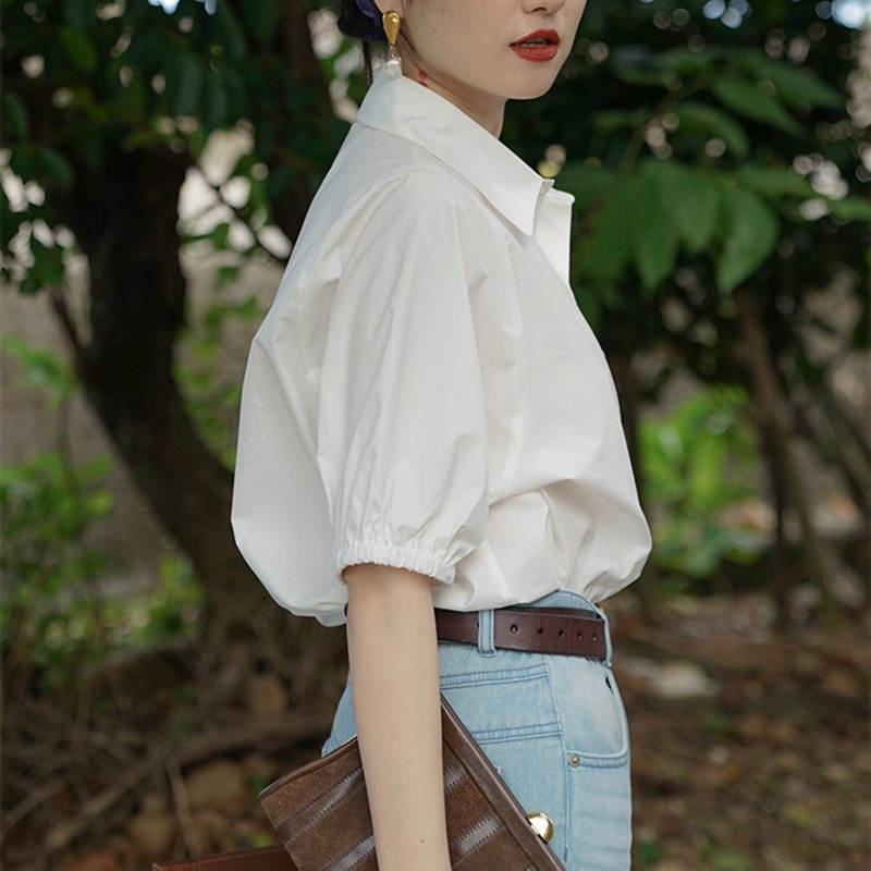 คอปกผู้หญิงน่ารัก เสื้อแขนตุ๊กตา เสื้อเชิ๊ตผู้หญิงสวยๆ สีขาว สีฟ้า ผ้านิ่ม ใส่สบาย ผ้าชีฟอง HJ2802 เชิ๊ตผู้หญิง