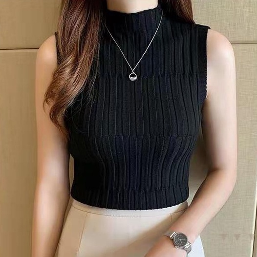 anna🍭 476 เสื้อท็อปแขนกุด ชนิดผ่าแขน ผ้าไหมพรม คอเต่า สีสวย ผ้าบาง ใส่สบาย ยืดตามตัว ผ้าไหมพรมแขนสั้น - รูปที่ 6