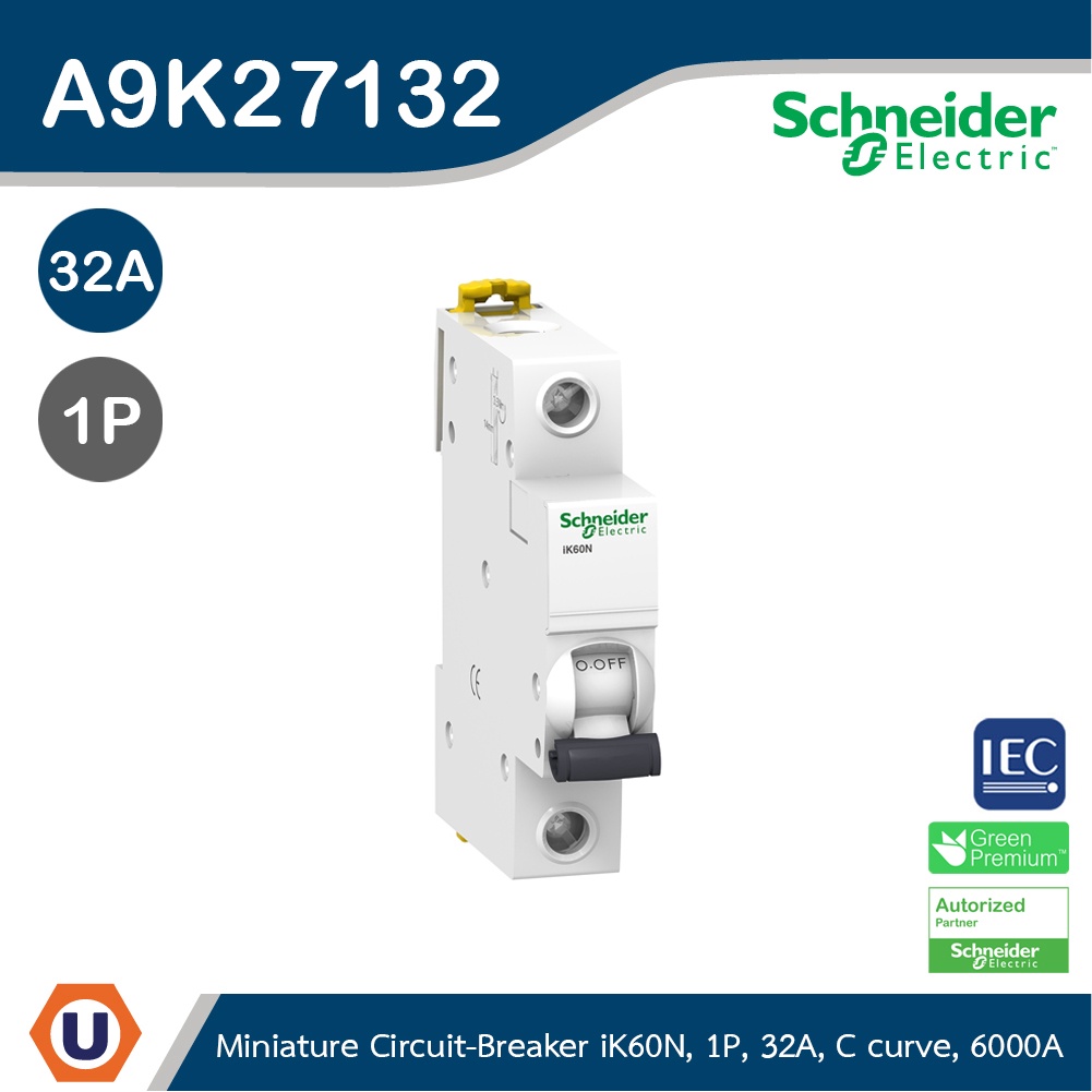 Schneider - A9K27132 Miniature Circuit-Breaker, Acti9 iK60N, 1P, 32 A, C Curve, 6000 A (IEC 60898-1)