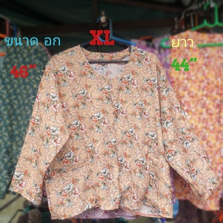 0(#0D4) แขนยาว เสื้อคอกระเช้าลายดอก เสื้อคนแก่ (SizeXL) =ขนาด อก= 46" , ยาว=44"