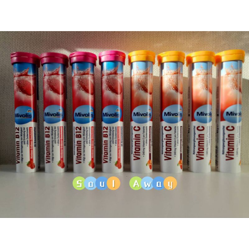 พร้อมส่ง New: Exp 2024 วิตามินเม็ดฟู่ Mivolis Vitamin C & B12 (ฝาส้ม&ฝาชมพู) ผลิตและนำเข้าจากประเทศเ