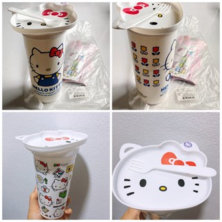 💟 ของพรีเมี่ยม 7-11 💟 แก้ว Hello Kitty  Sanrio แก้วน้ำ 7 Eleven 2in1 พลาสติก จาน ส้อม