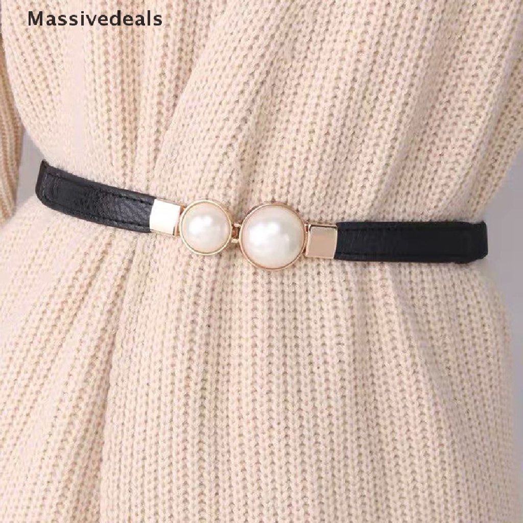 Massivedeals เข็มขัดรัดเอว หนัง PU ยืดหยุ่น ประดับมุก อุปกรณ์เสริม สําหรับผู้หญิง