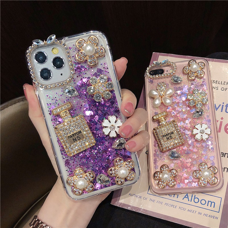 Liquid Quicksand Glitter Bling เพชรสําหรับ iPhone 16 15 14 13 12 Pro Max ปลอกดอกไม้สําหรับ iPhone 11 Pro Max XS XR X