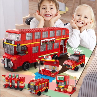 สหราชอาณาจักร เมืองลอนดอน สีแดง สถานีรถโดยสารสองชั้น แบบจำลอง ชุด Building Block Kit อิฐ รถโรงเรียน เพื่อน รถ การจราจร อิฐ ของเล่นเด็ก สร้างสรรค์ โรงเรียน ท่องเที่ยว รถ