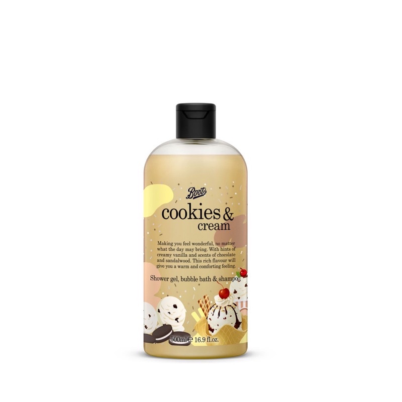 กลิ่นหอมมาก หอมจนอยากดมตัวเองBOOTS Cookies & Cream  Shower Gel, Bubble Bath & Shampoo  500ML Flavour