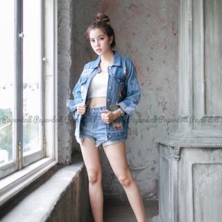 Jacket ยีน สไตร์เกาหลี ทรงปล่อย ติดอะไหล่ปักลาย Chic  jean