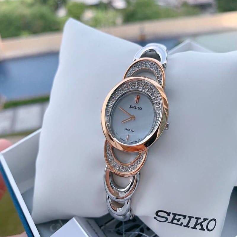 พร้อมส่ง นาฬิกาข้อมือผู้หญิง SEIKO สีทูโทน เงิน-โรสโกลด์ ระบบSolar ไม่ต้องใส่ถ่าน