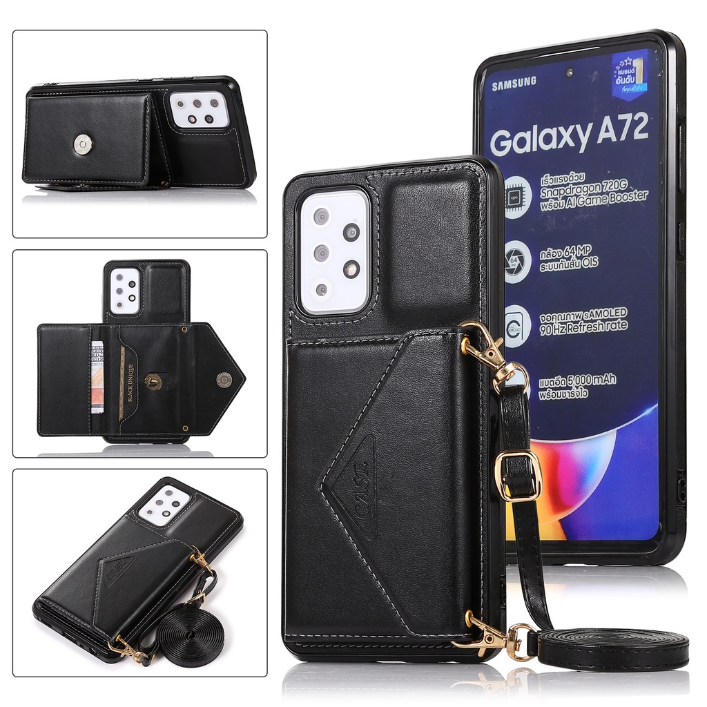 เคส Samsung เคสโทรศัพท์ เปลือกหนัง A54 พร้อมช่องใส่บัตร และสายคล้อง สําหรับ Samsung Galaxy A51 A71 A31 A21S A12 A42 A52 a52s a72 A14 A34 A54 A53