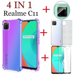 (4in1) Realme C11 C3 C2 ฟิล์มกระจกนิรภัย แบบเต็มจอ + ฟิล์มหลัง คาร์บอนไฟเบอร์ + ฟิล์มเลนส์กล้อง + เคสโทรศัพท์