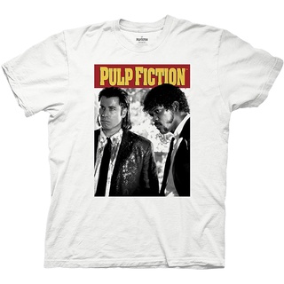 ROUND คอลูกเรือเสื้อยืด พิมพ์ลายภาพยนตร์ Pulp Fiction John Travolta และ Samuel L สําหรับผู้ชาย เสื้อเชิ้ต พิมพ์ลายกราฟฟิ