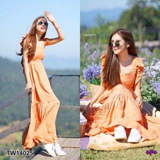 มี 5 สี Maxi Dress เดรสยาว คอเหลี่ยม ดีเทลระบายแขน