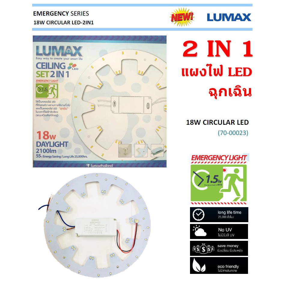 Lumax แผงไฟ LED ไฟฉุกเฉิน 18W แสงขาว 2,100LM 1IN 2