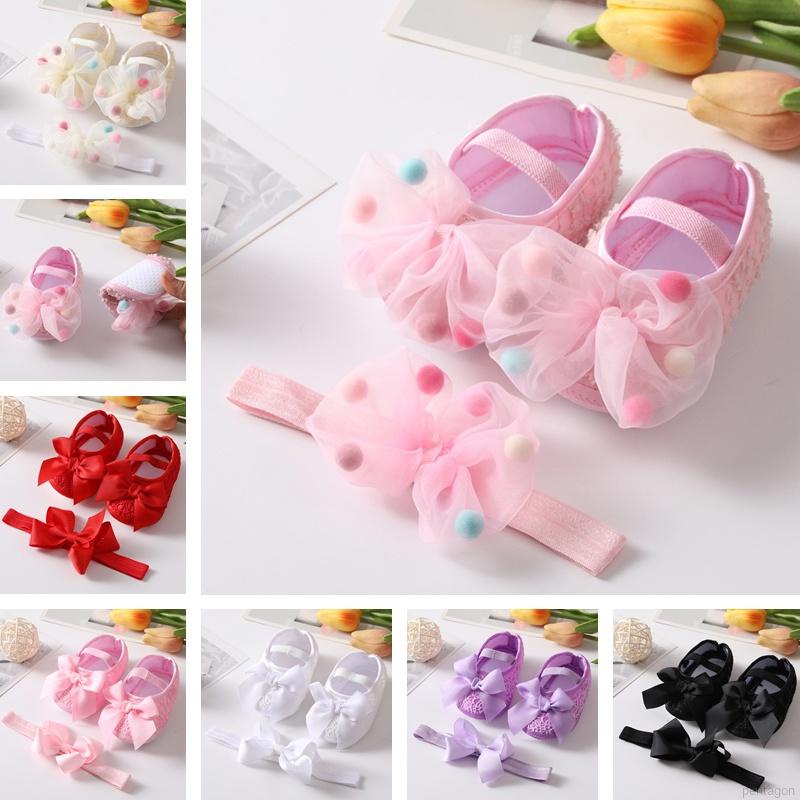 2PCS Baby Girl Princess ShoesHeadband Set Net Yarn Bowknot Prewalker Toddler Soft Sole Anti-slip Walking Shoes