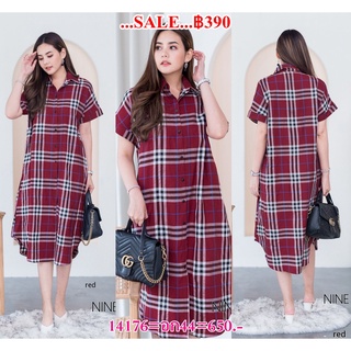 SaLe++ (อก44) Nine Room 14176 SHIRT DRESS -เชิ๊ตเดรสแขนสั้นคอปกสาบกระดุมยาวด้านหน้า ใช้ผ้าผสมคอตต้อนทอลาย lovely-Catty