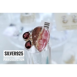 แหวนเงินแท้ Silver 925 7.1 g.  free size ปรับขนาดได้ หัวประดับพลอยโกเมน Garnet และหิน Rhodochrosite