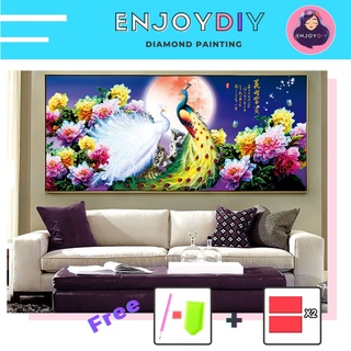 ครอสติสคริสตัล 5d diy diamond painting แบบเม็ด ลาย นกยูงคู่พระจันทร์ ติดเต็ม เม็ดกลม พร้อมส่งจากไทย มีประกัน EnjoyDIY