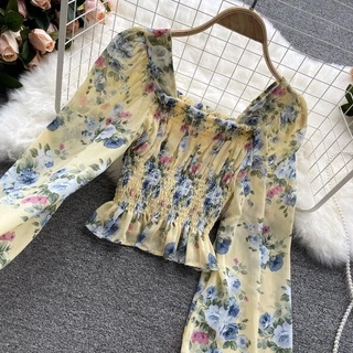 เสื้อเบลาส์แขนสั้น ผ้าชีฟอง ลายดอกไม้ สไตล์ฝรั่งเศส สําหรับผู้หญิง