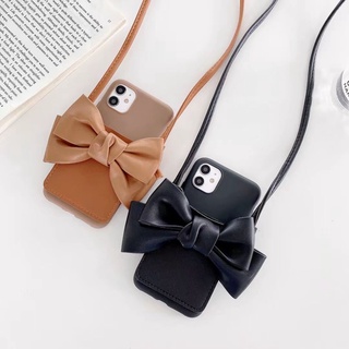 เคสโทรศัพท์ For iPhone 6 6S 7 8 Plus X XS MAX XR 13 12 Mini 11 Pro Max Luxury Bow Wallet Bag Soft TPU Phone Case Back Cover With Lanyard